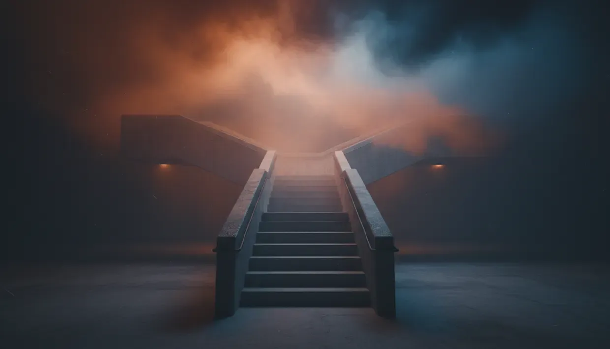 Escalier de béton montant vers un ciel nuageux baigné de brume