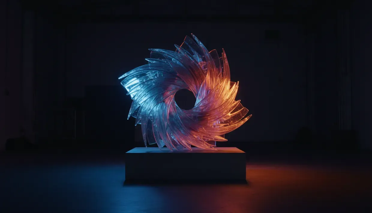 Sculpture en spirale aux lames bleues et orangées, posée sur un socle dans une salle sombre